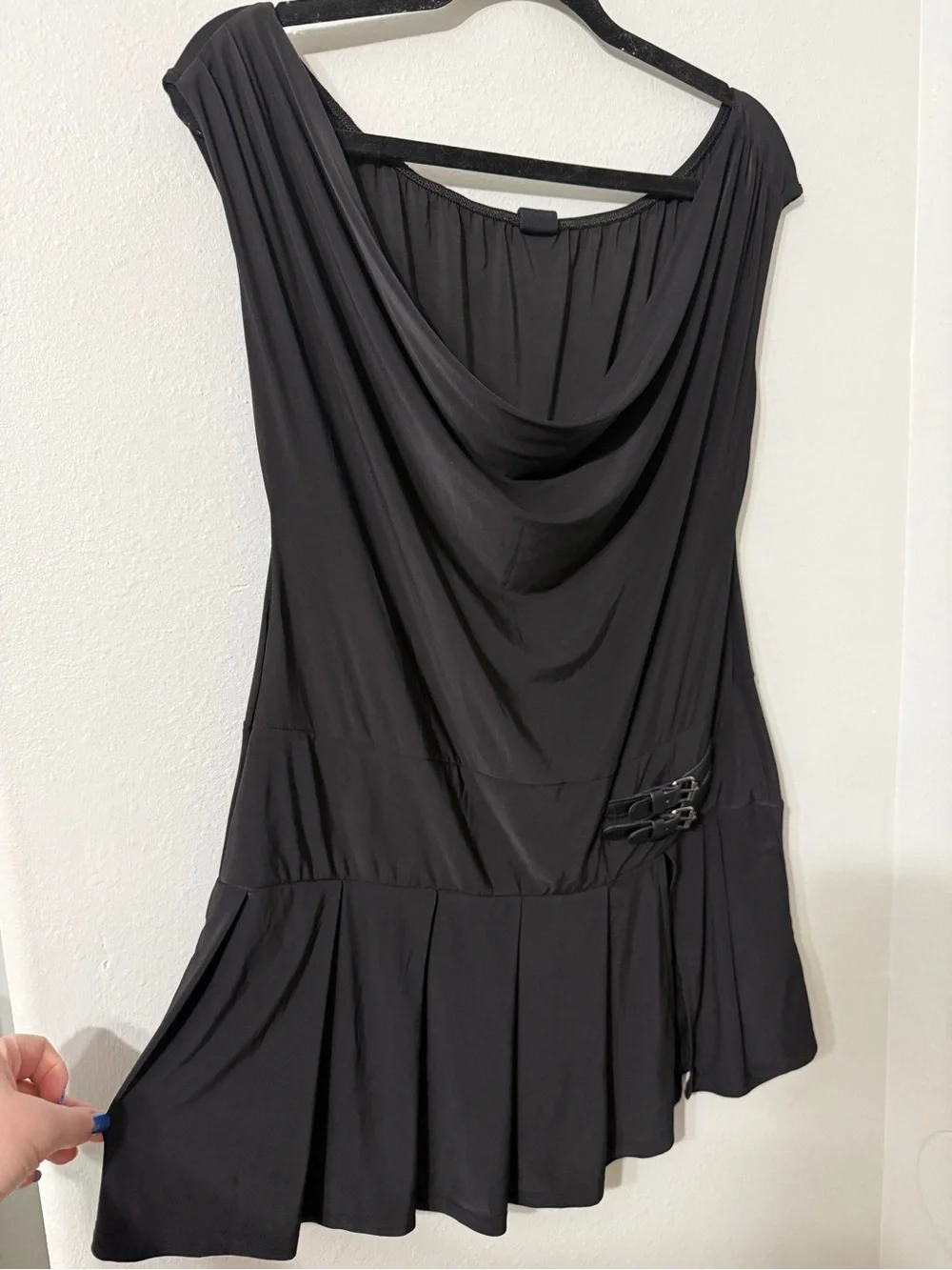UO Adorable Black Off Shoulder Y2K Dress Romper Pleated Skirt Shorts Buckle XL